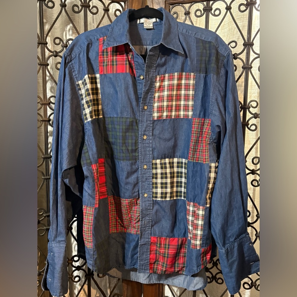 Vintage Patchwork Plaid Denim Button-Down Shirt -… - image 1